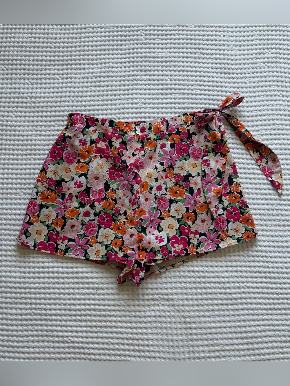 Lulus Pink Orange Pansy Floral 100% Cotton Mini Skort Bow Tie Elastic Back  - L